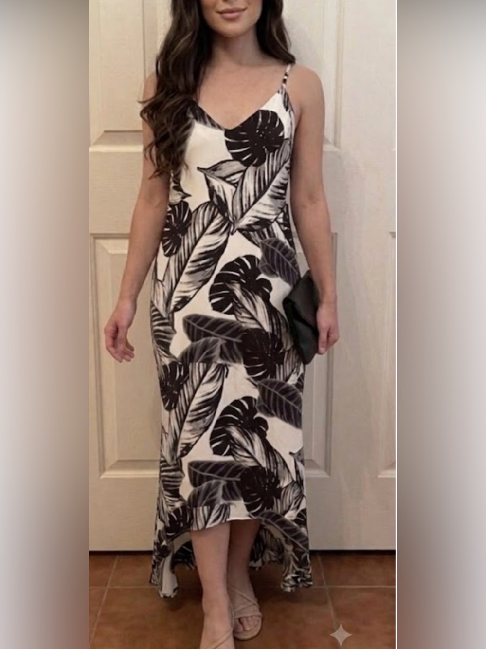 Summer Sleeveless Black & White Tropical Print Maxi Dress sz L